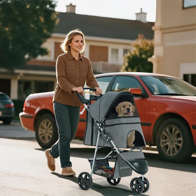 Pet Stroller for Small Dogs 10 lbs, Dog Stroller for Medium Dogs 30 lbs, Cat Strollers for 2 Cats, 3 Wheels Foldable Jogger Puppy Stroller with Storage Basket and Cup Holder, Grey