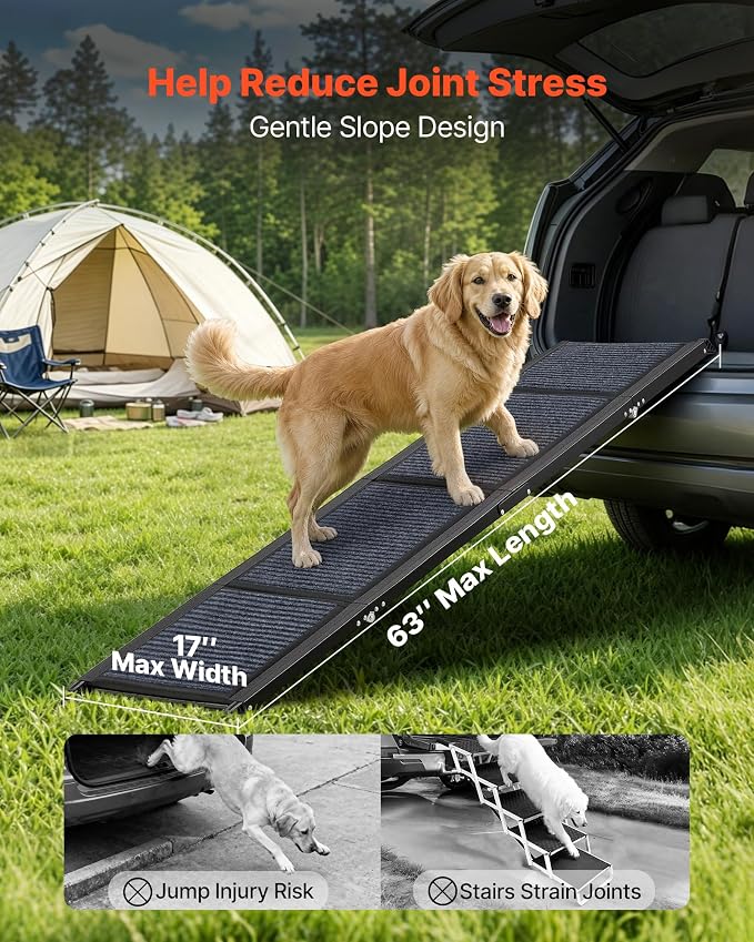 VEVOR Dog Ramp for Cars, 63" L x 17" W, Folding Pet Ramps for Medium & Large Dogs up to 250lbs, Pet Stair Ramp with Non-Slip Felt Rug Surface, Portable Outdoor Dog Car Ramps for SUV & Truck