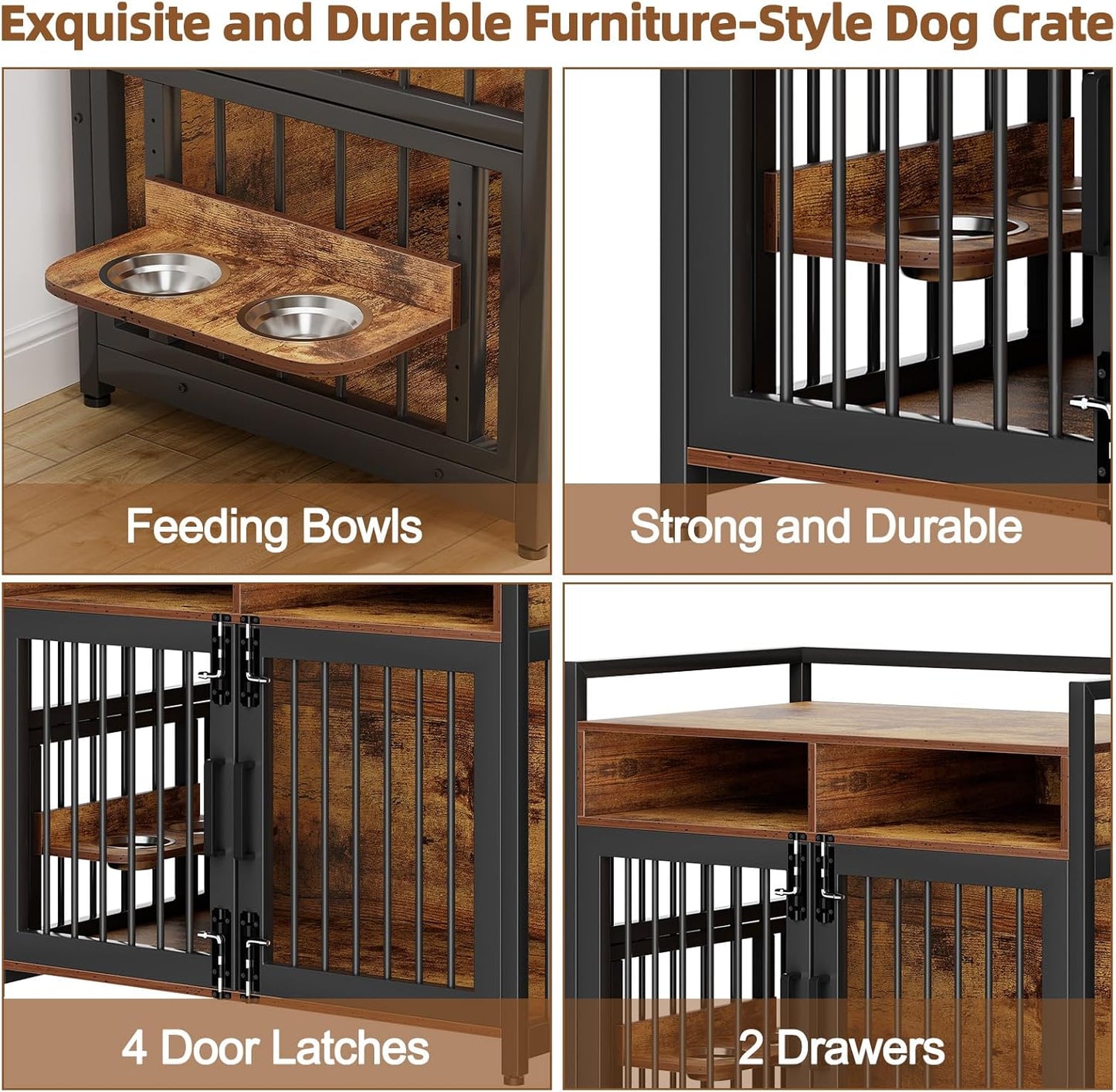 Furniture Style Dog Crate with Storage, 41 Inch Dog Crate Furniture with Double Doors, 2 Stainless Steel Bowls, Dog Crate Furniture-Style Crate for Large/Medium Dog