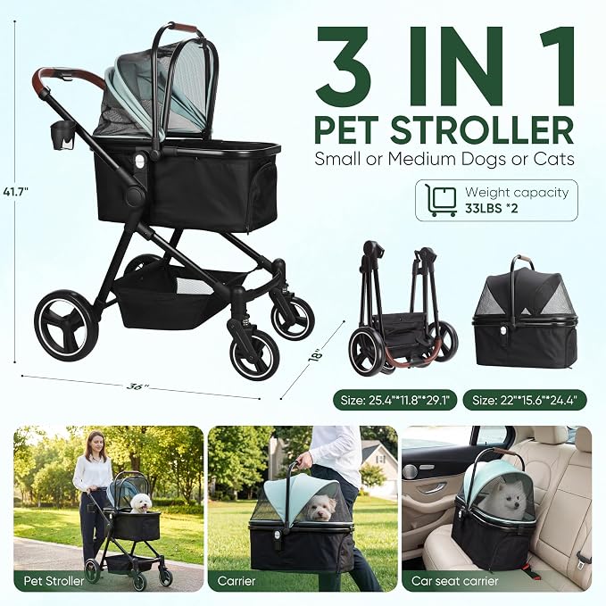 3-in-1 Foldable Pet Stroller for Dogs & Cats, 33lbs | All-terrain 7"/10" wheels | Compact storage | Storage basket | Breathable linen | Cup holder & rear brakes
