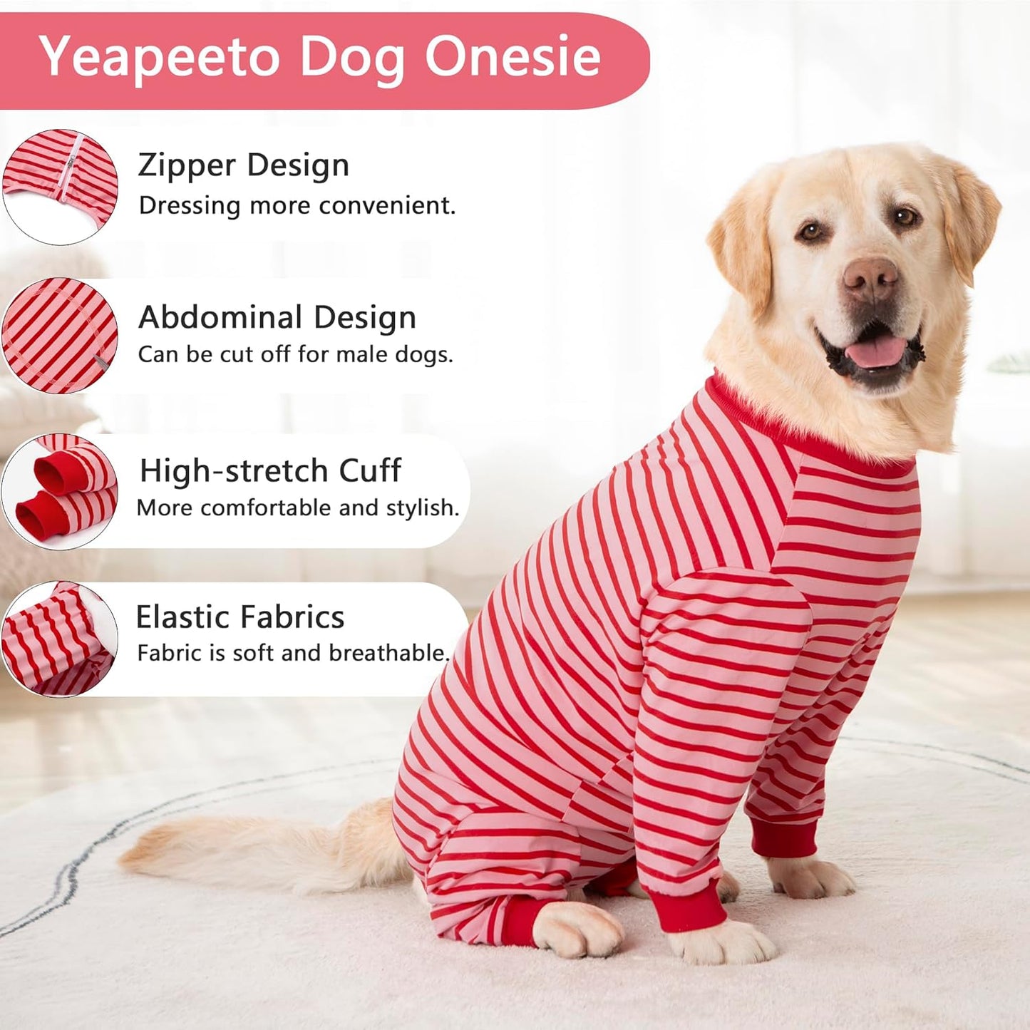 Yeapeeto Dog Onesie Surgery Recovery Suit for Large Medium Bodysuit Dogs Pajamas PJS Full Body for Shedding, Prevent Licking, Wound Protection, Cone Alternative… (Red Pink, 3XL)