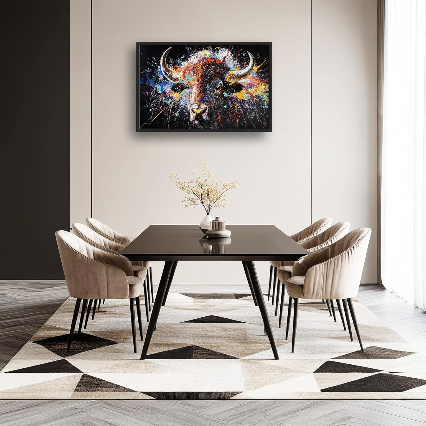 Framed Large Bison Buffalo Wall Art for Living Room, Oversized Graffiti Yak Cow Wall Decor Banksy Bull Canvas Painting Animal Pictures Modern Artwork for Living Room Bedroom Office 36"x24"