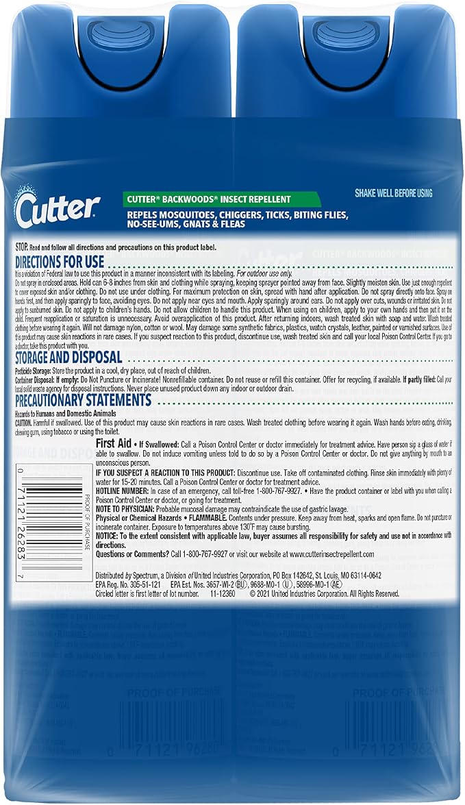 Cutter Backwoods Mosquito and Insect Repellent 6 Ounces, 2-Pack Aerosol Bug Spray, Repels Up To 10 Hours