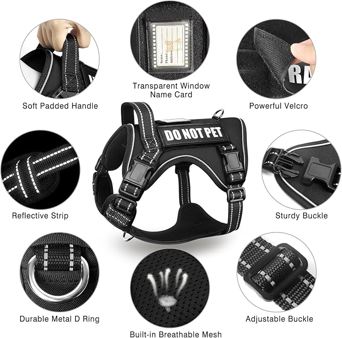 Tactical Dog Harness and Leash Set for Large Dogs+10 Dog Patches | Heavy Duty No Pull Service Dog Vest with Dog Seat Belt,Padded Handles,Adjustable Reflective for Training Hiking Black L