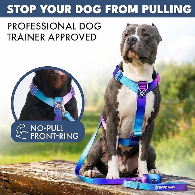 Spark Paws Comfort Control No Pull Dog Harness - Heavy Duty Front Clip | Safety Tested for Strong Breeds, w/ Metal Buckle & Top Handle – Padded Y-Straps Redirect Pulling. Solo or Matching Leash Set