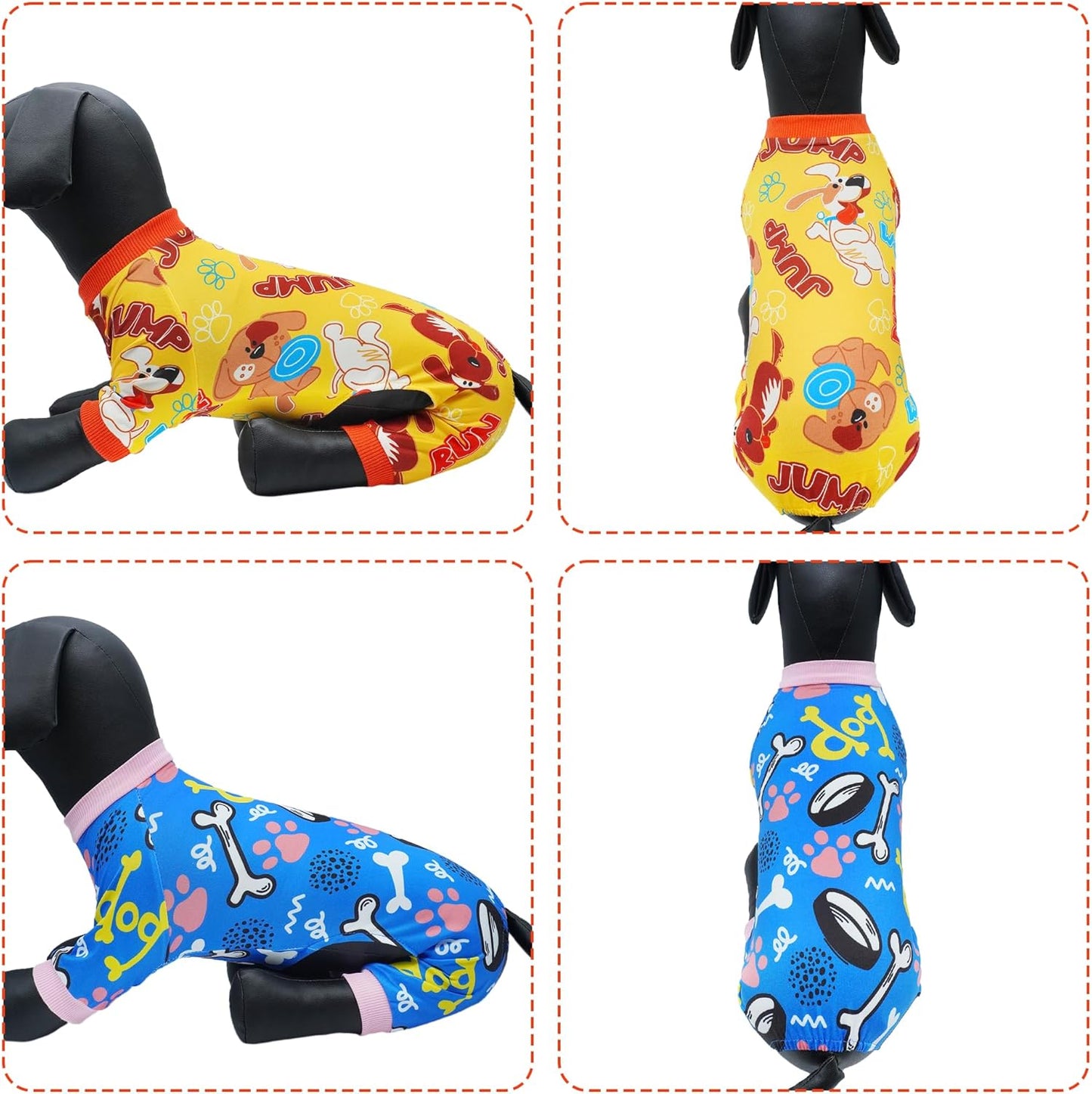2PCS Dog Pajamas for Large Sized Dog Pjs Clothes Puppy Onesies Outfits Pet Jammies Boy Girl Male Female Apparel Lightweight Stretch Paw Bone Blue Yellow Print L