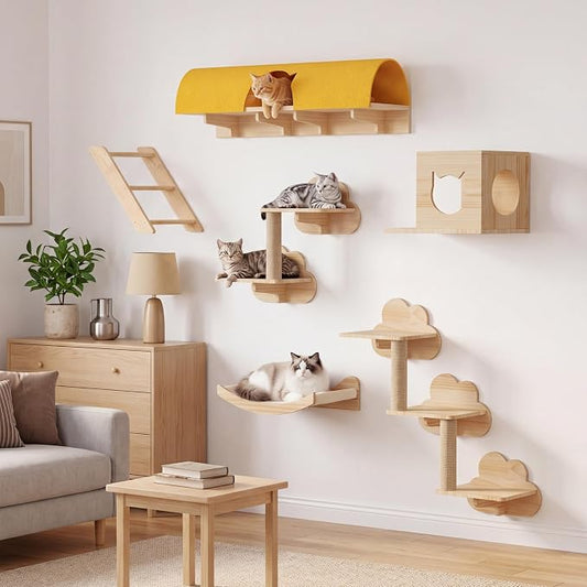 Cloud Cat Wall Shelves, 12-in-1 Wall Mounted Cat Shelf w/Tunnel | Solid Wood Floating Shelves for Indoor Large Cats, Multi-Level Cat Climbing Wall Systems with Scratching Post, Space Saving