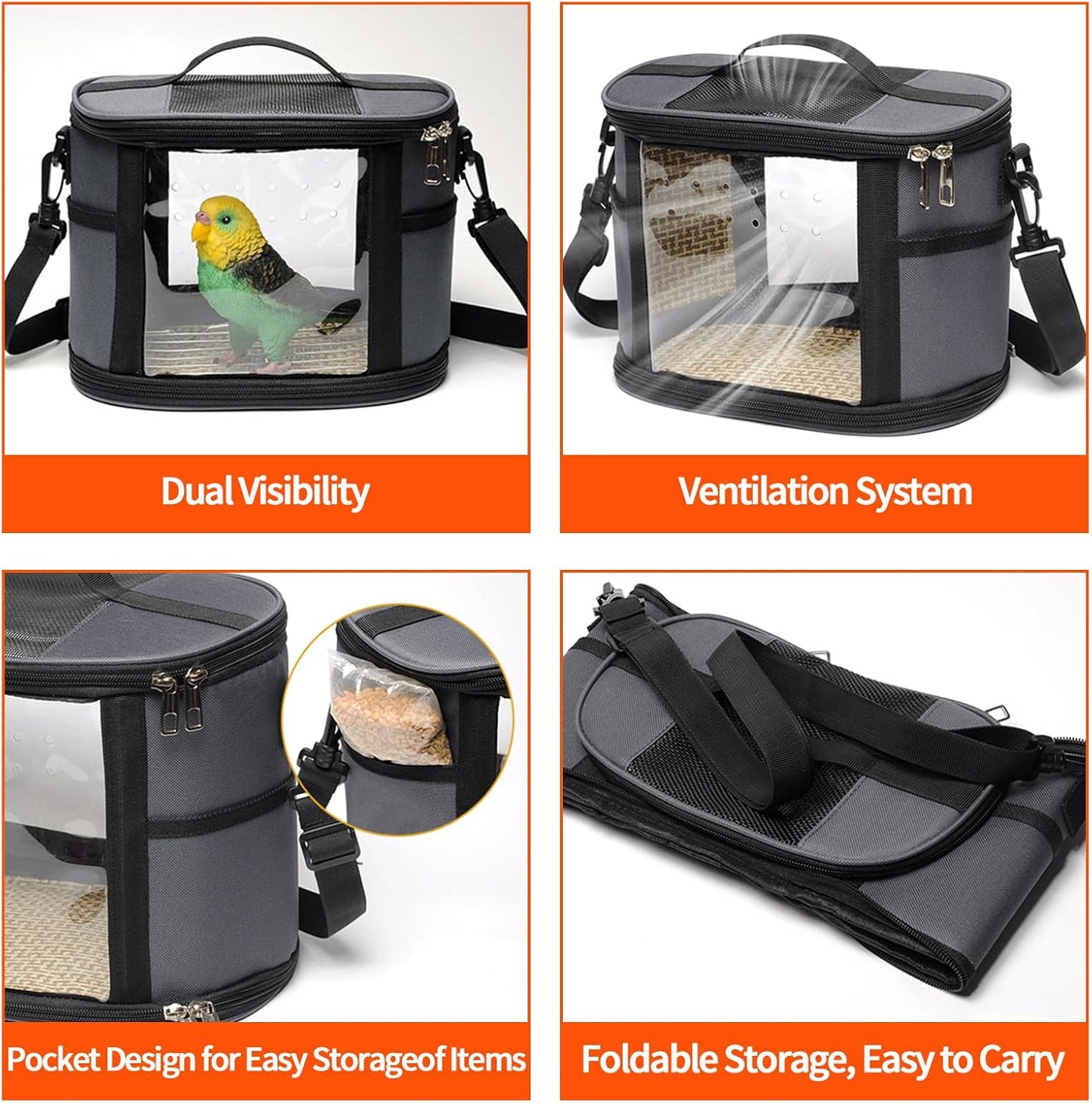 Bird Travel Carrierm, Small Bird Travel Backpack Carrier Cage with Tray and Breathable Clear Window, for Parakeet Cockatiel Budgies, for Camping Hiking (Large-Black)