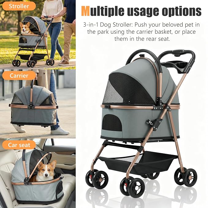Pet Stroller with Removable Carrier | Lightweight Cat and Dog Stroller with One-Touch Folding|Aluminum Alloy Frame|900D Oxford Fabric and Rain Cover for Travel