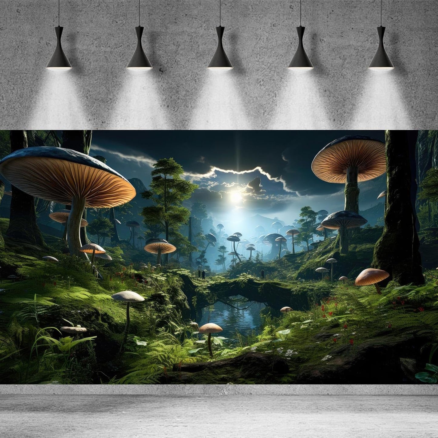 Fantasy Mushrooms Landscape Aquarium Background Tranquil Stream Cloudy Sky Terrarium Background Lush Green Tropical Plants Trees Fish Tank Backdrop Decoration Tank Background Poster 30x12in