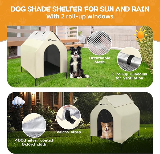 Outdoor Dog House, 2-in-1 Dog House for Small/Medium Dogs, Thicken Weatherproof Canopy Puppy Shelter Elevated Dog Bed with Windows (White, 36 Inch)