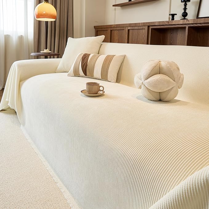 VClife Vintage Creamy White Striped Couch Cover with Tassel, 71" X 134" | Soft Thick Chenille Couch Covers for 3 Cushion Couch Sofa, Washable Sofa Covers for Sectional Sofa, Fade & Shrink Resistant
