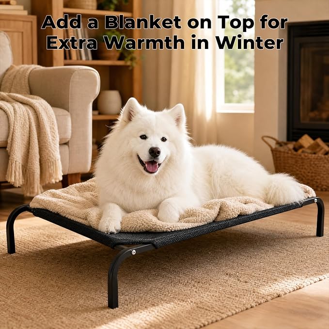 Outdoor Raised Dog Cot Bed for Large Dogs, Large Breathable Elevated Cooling Dog Beds, Off Ground Training Pet Hammock Bed with Anti-Slip Base, 41"x25", Black