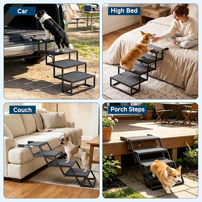 Dog Ramp for Car, Foldable Dog Steps for Car with Non-Slip Surface, Dogs Stairs for Cars, High Beds, Truck, Supports up to 250lbs, 4 Steps
