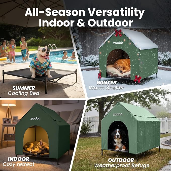 Zooba 29in Medium Dog House Outdoor, Elevated Dog Bed with Canopy, Green | Weather-resistant 600D PVC canopy, breathable 2x1 Textilene elevated bed, steel frame; indoor or outdoor; easy to clean