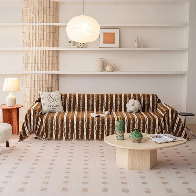 VClife Sofa Cover Bohemian Striped Pattern Couch Cover for 2 Cushion Sofa - Caramel Brown Creamy White Textured Sofa Slipcover Washable Furniture Protector for Couch Decorative Couch Cushion Cover