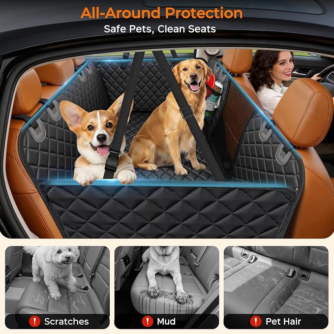 URPOWER Hard Bottom Dog Car Seat Cover, Back Seat Extender with Blanket | 2 in 1 Design, Non-Slip Blanket, 400 lbs Support, 40% More Space, Waterproof, Fits Cars & SUVs, Mesh Window, Easy Care