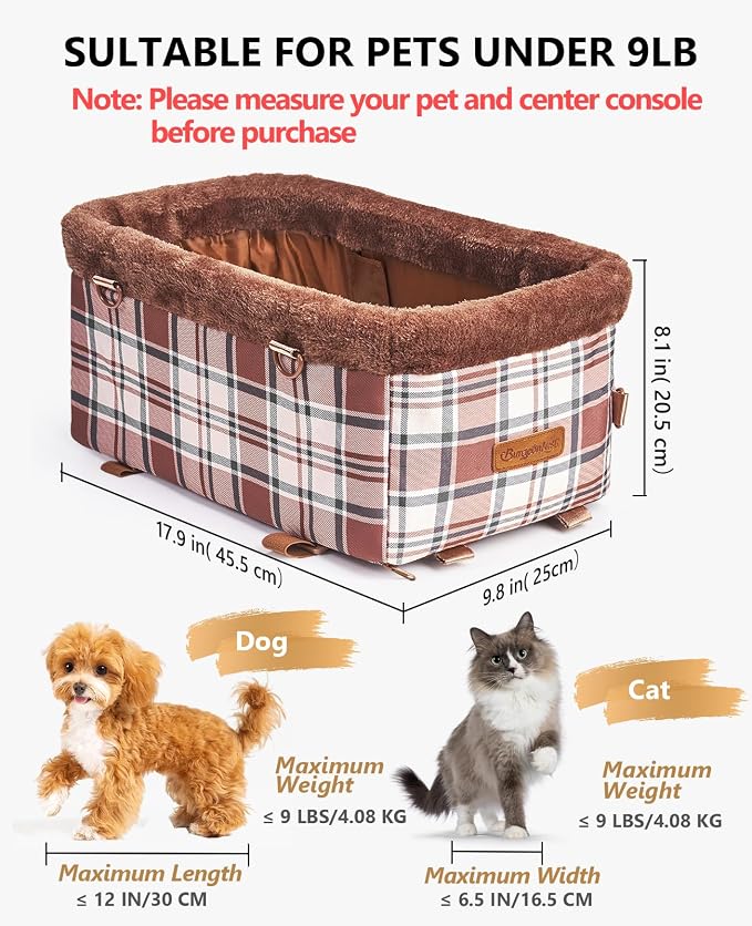 BurgeonNest Center Console Dog Car Seat for Small Dogs up to 9 lbs Cute Plaid