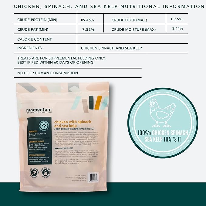 Momentum Carnivore Nutrition Freeze-Dried Chicken, Spinach & Sea Kelp Dog Treats & Cat Treats – Single-Ingredient Recipe, High-Protein, Grain-Free, Natural Superfood Blend – Made in USA – 3 oz Bag