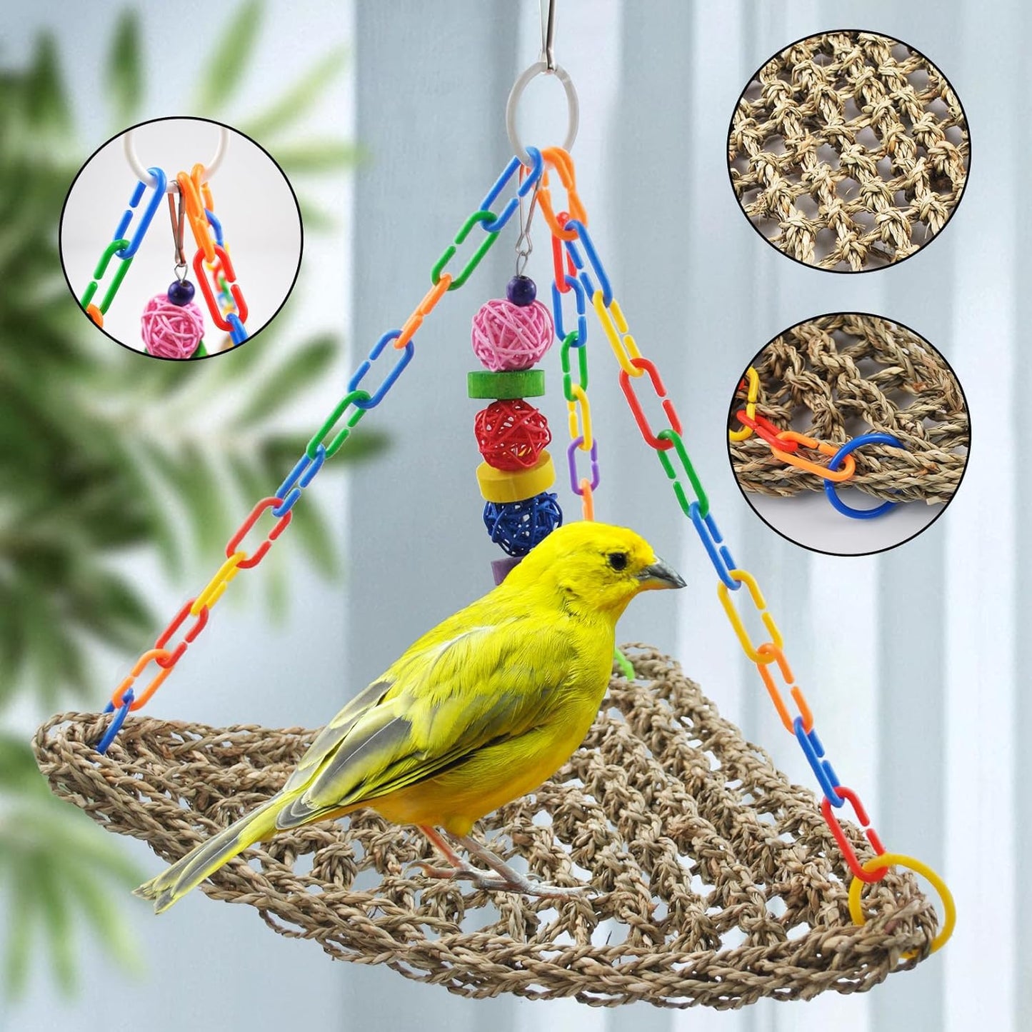 Bird Swing Toys,Parakeet Seagrass Mat,Edible Triangle Seagrass Hammock with Color Toys Handmade Woven Natural Grass Net Hanging on Parrot Cage for Budgies Lovebird Canary Cockatiel Finch Hamster