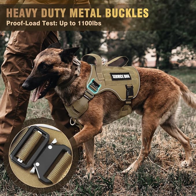 2X Metal Buckle Service Working MOLLE Dog Vest with 10 Pet Patches | Tactical Dog Harness for Medium Dog, No-pull Military Working Vest for Training Hunting Walking，2x D Rings for Leash Clip