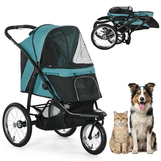 PawHut 3 Wheels Pet Stroller, Foldable Dog Stroller with Adjustable Canopy, Safety Tether, Cushion, Storage Basket, Portable Jogger for Small and Medium Dogs and Cats, Dark Green