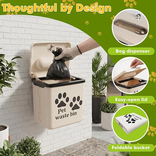 Dog Poop Trash Can Outside - 3.2 Gal Dog Waste Trash Can with Lid, Wall Mounted Dog Poop Bin Removable Dog Waste Container for Outdoor Fence, Patio, Backyard, Counter Top