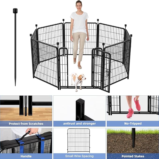 ADAVIN Metal Garden Fence with Gate, 36 in(H) 8 Panels Heavy Duty Iron Animal Barrier Fence, Indoor or Outdoor Dog Playpen, Camping Fence, No Dig Garden Border Fencing for Yard. Total 17.7 FT(L)