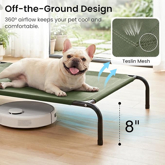 Love's cabin Elevated Cooling Dog Bed for Medium Dogs, Portable Indoor & Outdoor Raised Pet Dog Cat Cot, Durable Summer Frame with Breathable Mesh, Olive Green, 43" x 31.5" x 8"