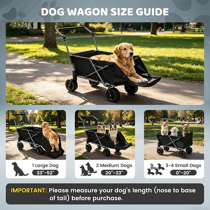 REDCAMP Folding Dog Wagon for Large Dogs, 110lbs Heavy Duty Pet Stroller | 17.3" Extendable Rear Ramp for 2 Medium Dogs, All-Terrain Dog Cart with Brakes & Push Handle for Senior Pet, Black