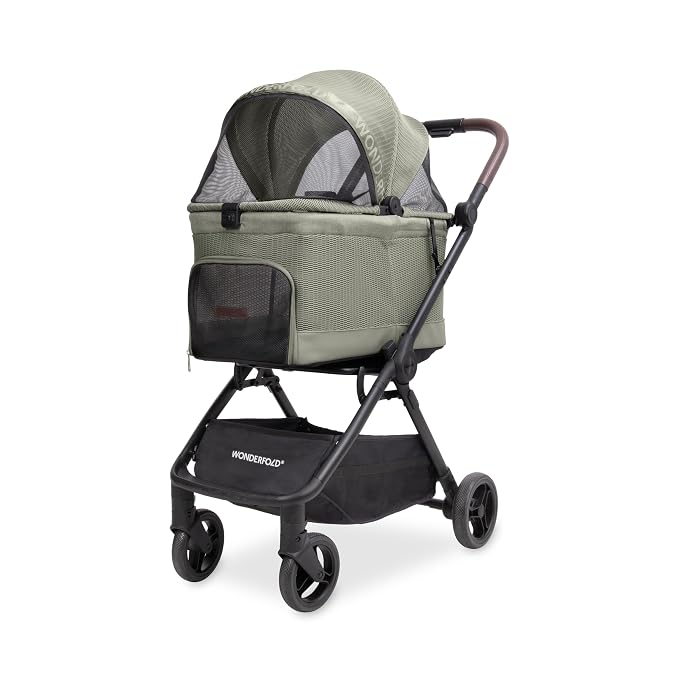 WonderFold Bella Pet Stroller - Autofold Design with Lightweight Aluminum Frame, Breathable Carriage Fabrics and Canopy, Safety Tethers & Easy-Clean Interior - Moss
