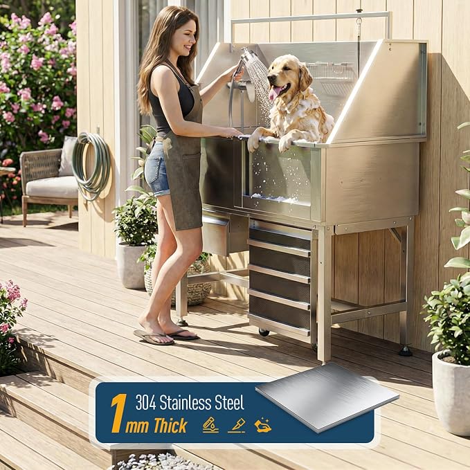 46" Dog Washing Station, 304 Stainless Steel, 440 lb, Side Ramp | hot cold faucet, fixed sprayer, shampoo dispenser, storage drawer, S-trap, hair filter, garage outdoor grooming