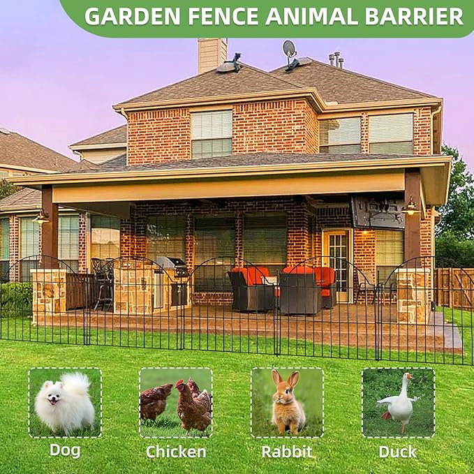 Blingluck Decorative Metal Garden Fence with Gate Lock 5 Panels, 24in (H) x 10ft (L) No Dig Dog Fence Outdoor for Yard, Temporary Rustproof Metal Wire Rabbit Dog Garden Border Fencing for Patio