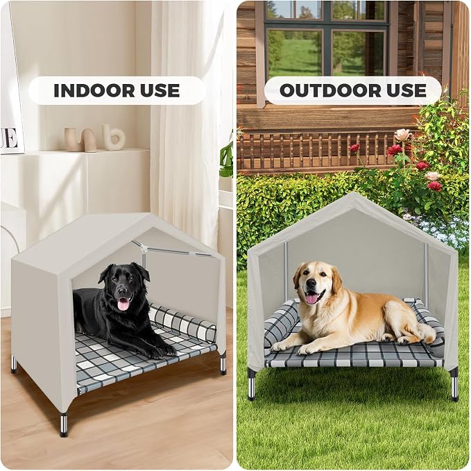 Elevated Dog Bed House with Canopy & Bolster, 2-in-1 Outdoor Raised Dog Cot | Weatherproof Cooling Indoor Pet Cot with Pillow, Portable Tent Dog Cot with Stainless Steel Frame & Sunshade Fabric