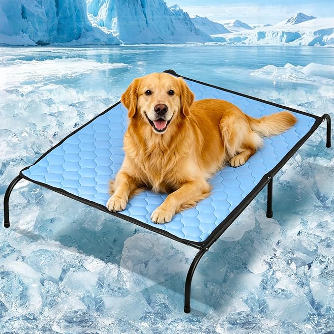 SZEE Elevated Dog Bed, Cooling Dog Cot Bed, Support Up to 100 LBS for Large Breeds, with Durable Steel Frame, Reversible Ice Silk Mat & Sturdy Teslin Mesh, Outdoor & Indoor All-Season Use - L