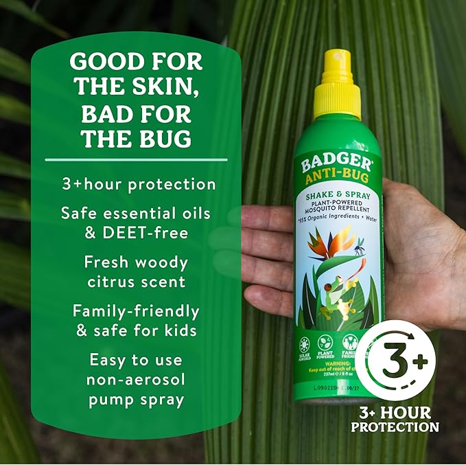Badger Bug Spray, Large Family Size All Natural Mosquito Repellent w/Organic Essential Oils, Deet-Free Plant Based Insect Repellent, Vegan 8 fl oz