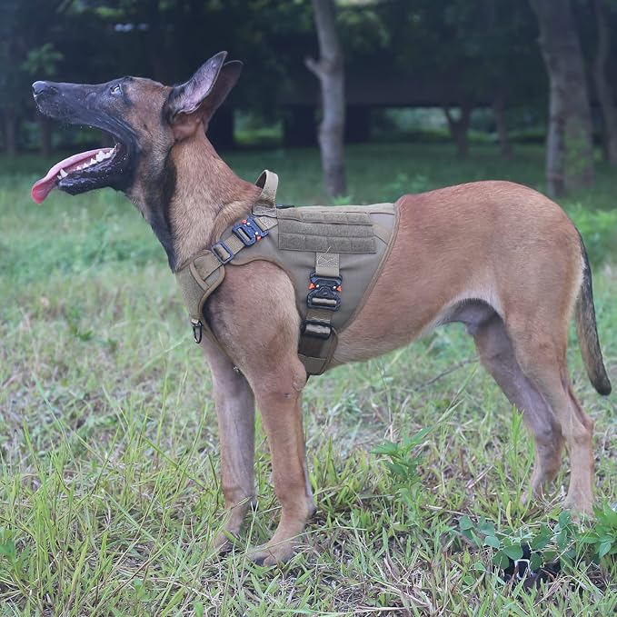 ICEFANG Tactical Dog Harness for Medium Dogs,Full Metal Buckles Dog Vest | with MOLLE, Reflective,Adjustable,2 Leash Clips,Control Handle,No Pull,Soft Padded,Brown,Medium