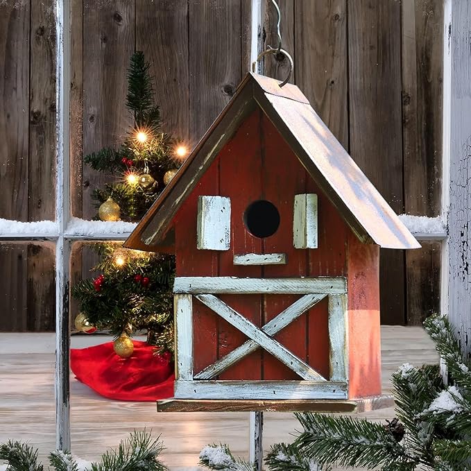 Topadorn Christmas Birdhouse, Hanging Wooden Garden Bird House for Outside, Unique for Bird Lovers, Outdoor Holiday Garden Decor for Blue Bird, Cardinals, Sparrow, Chickadee