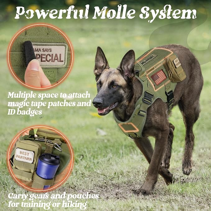 rabbitgoo Tactical Dog Harness for Large, Heavy Duty Military No Pull Vest | Sturdy Metal Buckles, 5 Adjustments, Molle System, Powerful Pullers for Training, Hunting, Outdoor, Green, Large