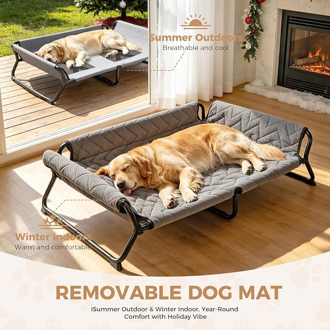 Elevated Dog Bed with Bolster, 2-in-1 Raised Dog Cot for Large Dogs up to 90 lbs, Removable Machine-Washable Cushion, Stable Metal X-Frame, Indoor and Covered Outdoor Use, 42 x 30 x 12 in, Gray