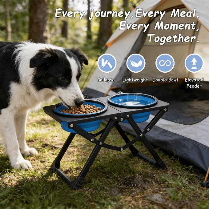 Foldable Elevated Dog Bowl Holder with 2 Large 50.7oz Folding Water Bowl, 10.2" Tall Raised Dog Bowl Stand for Medium/Large Breeds, Indoor and Outdoor Use