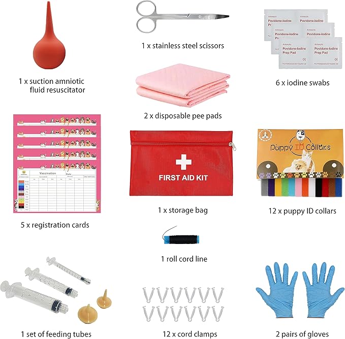 SQUARECIRCLE Complete Dog Whelping Kit with Feeding Nipple, Record Keeping Charts, ID Collars, Aspirator, Cord Clamps & More - Essential for Newborn Puppies (Red with Pads)