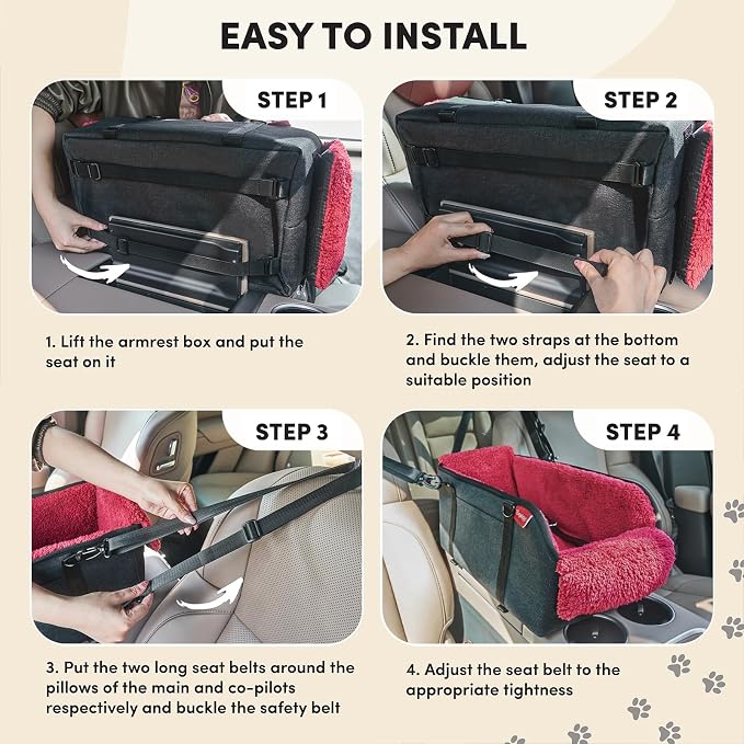 BurgeonNest Center Console Dog Car Seat for Small Pets to 11lbs, Red | Anti-collapse armrest Console seat with washable fluffy cushion, pillow & tether for stable, cozy pet travel trips.