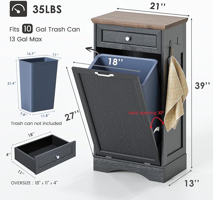 NEWOWNDS Tilt Out Trash Can Cabinet 10 Gallon Hidden Trash Garbage Can Cabinet with Drawer,Pet Proof Hidden Garbage for Kitchen,Laundry Bathroom (Black - with Feeding Bowls, Single Door)