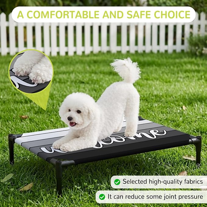 Outdoor Elevated Dog Bed for Large Dogs, Black Wooden Grain Breathable Cooling Raised Dog Cot for Indoor/Outdoor, Gradient Farmhouse Wood Plank Waterproof Elevated Pet Beds, L 28 x 22 in
