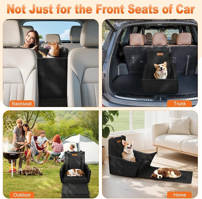 Elevated Dog Car Seat for Small and Medium Dogs Up to 35 lb | 4" High-Density Foam Dog Car Bed, 2 Storage Pockets,3 Safety Belts,Fully Removable and Washable for Easy Care,Black