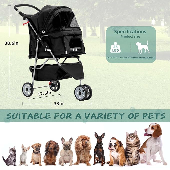 Pet Stroller for Small Medium Dogs & Cats,3-Wheel Breathable Compact Foldable Dog Carrier with Storage Basket, Outdoor Portable Lightweight Travel Stroller for Camping,Black