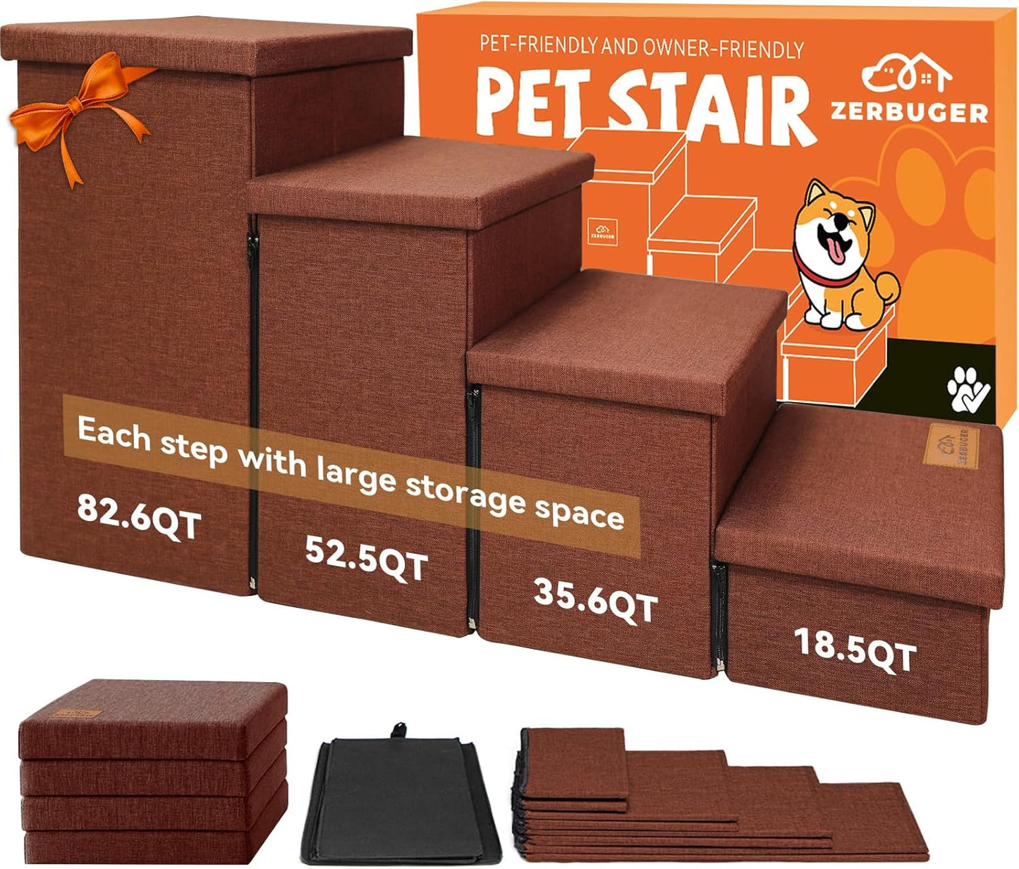 Dog Stairs with Storage 23" H, 4-Step Wider Dog Steps for High Beds Window, Folding Sturdy Pet Stairs Gift for Small/Medium/Large Old Dogs Cats, Ramp for Climbing Car Up to 200 lbs, Brown