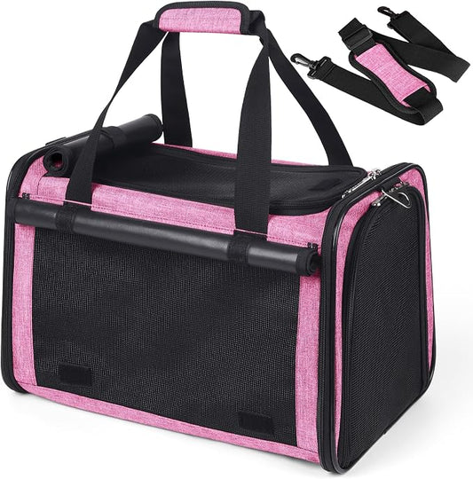 YUDODO 25 lbs Lightproof Soft Sided Pink Pet Carrier for Large Cat & Small Dog Airline Approved Travel Bag Puppy Carriers with Side Pockets & Reflective Mesh, Foldable Portable for Outdoor Car