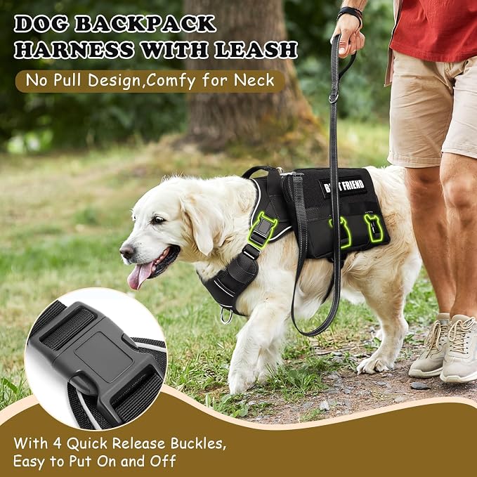 Dog Backpack Harness and Leash Set for Large Dogs Black XL | Removable Side Pockets Dog Vest with Padded Handle&MOLLE,No Pull Front&Back Metal Clips for Hiking Training Walking Hunting